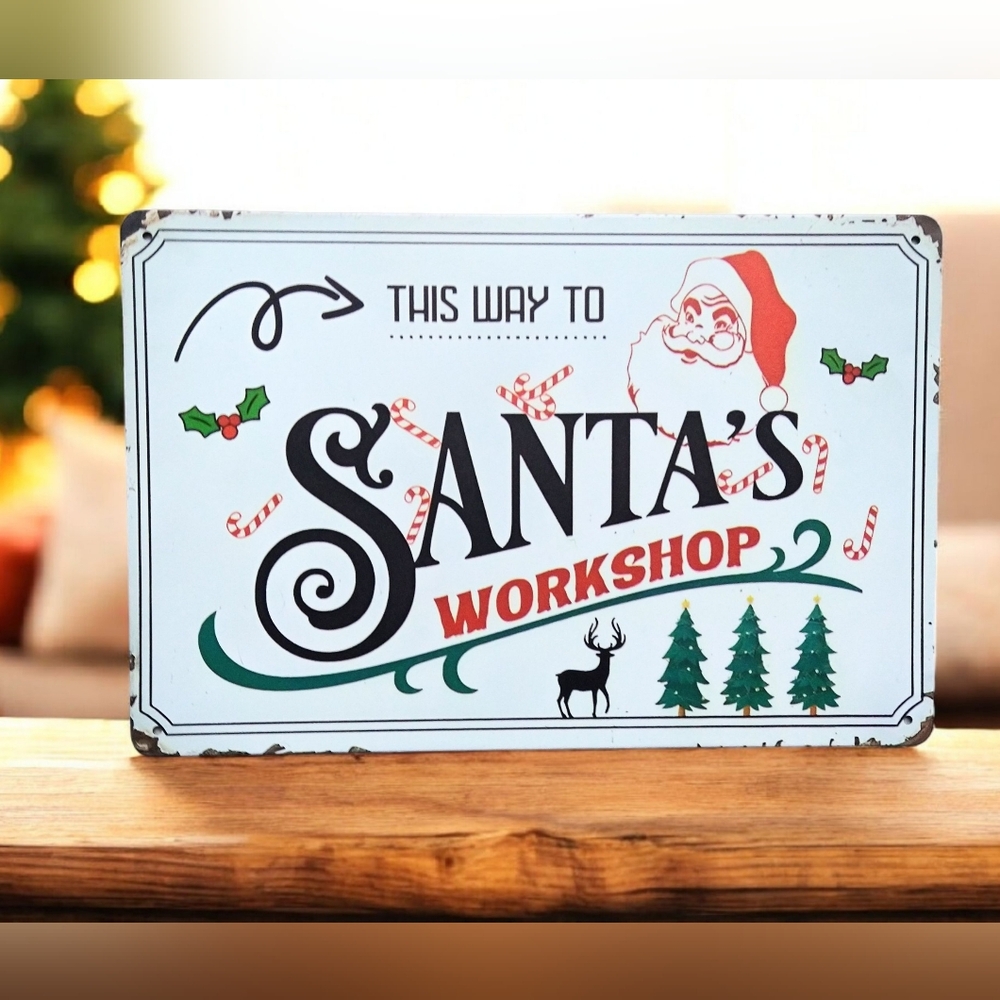 New Rustic Christmas Tin Santa's Workshop Distressed Finish